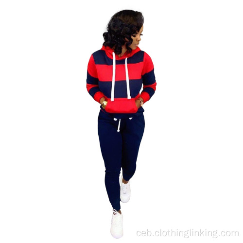 Stripe Patchwork Long Sleeve Pullover ug panit nga pantalon